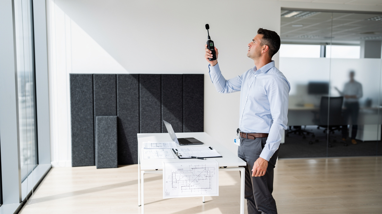 Acoustic consultant measuring sound levels in Dubai office