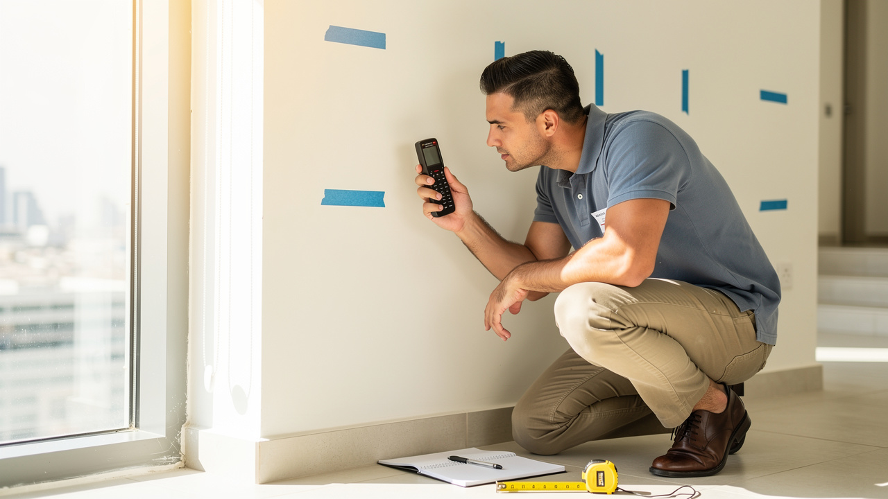 Acoustic technician conducting noise survey in UAE apartment