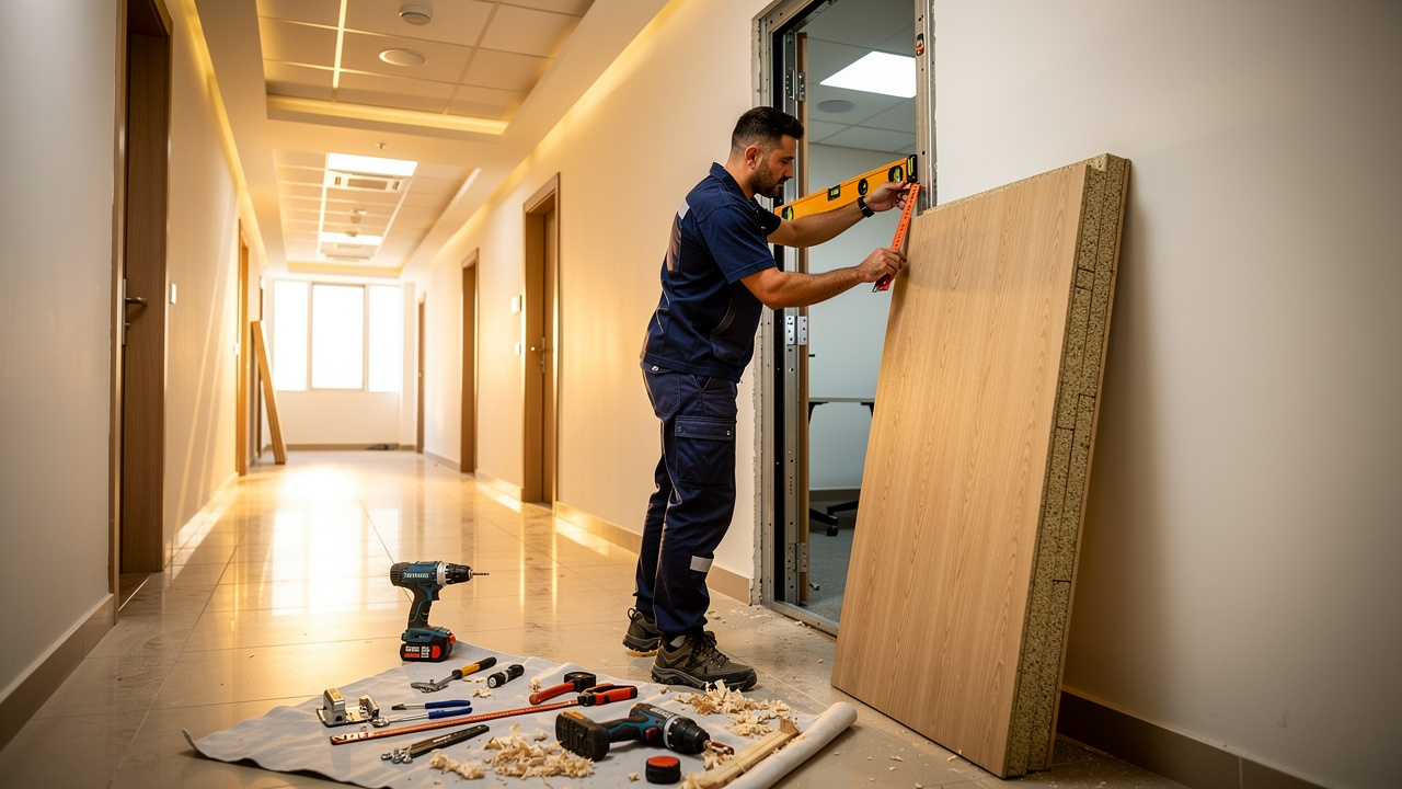 Professional installer fitting acoustic wooden door in UAE building