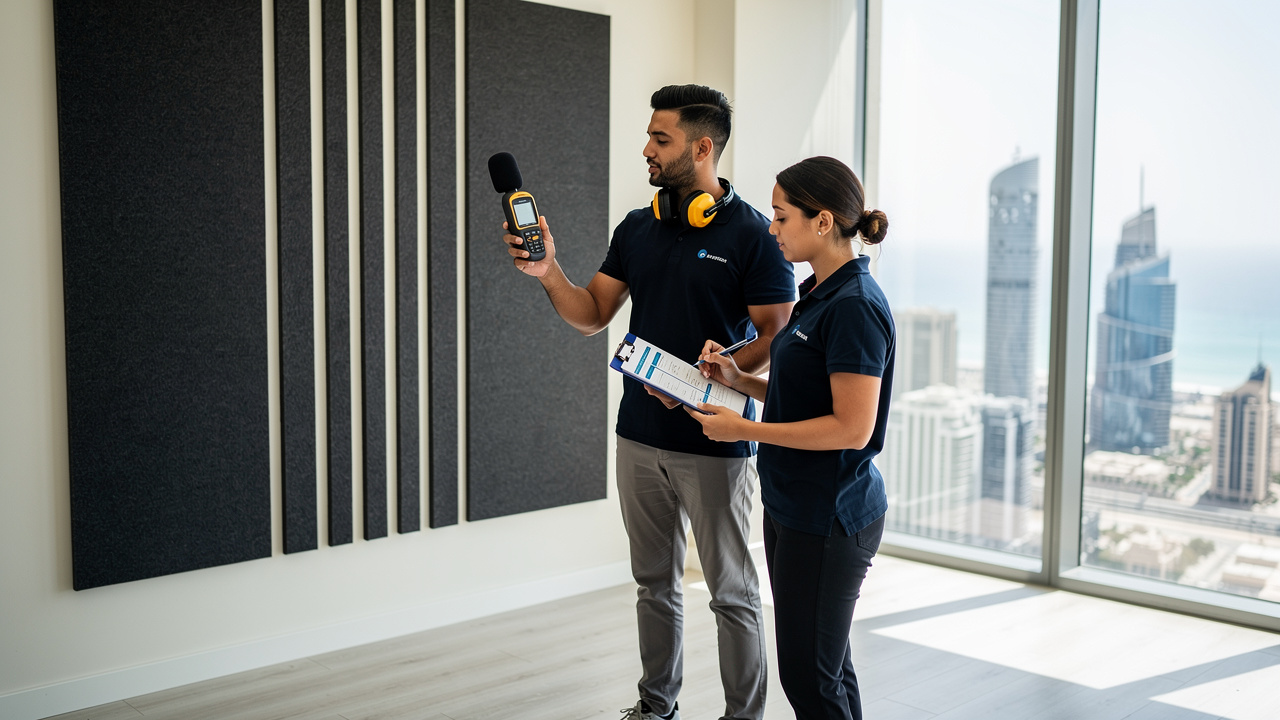 Acoustic engineers conducting noise measurement assessment in Dubai