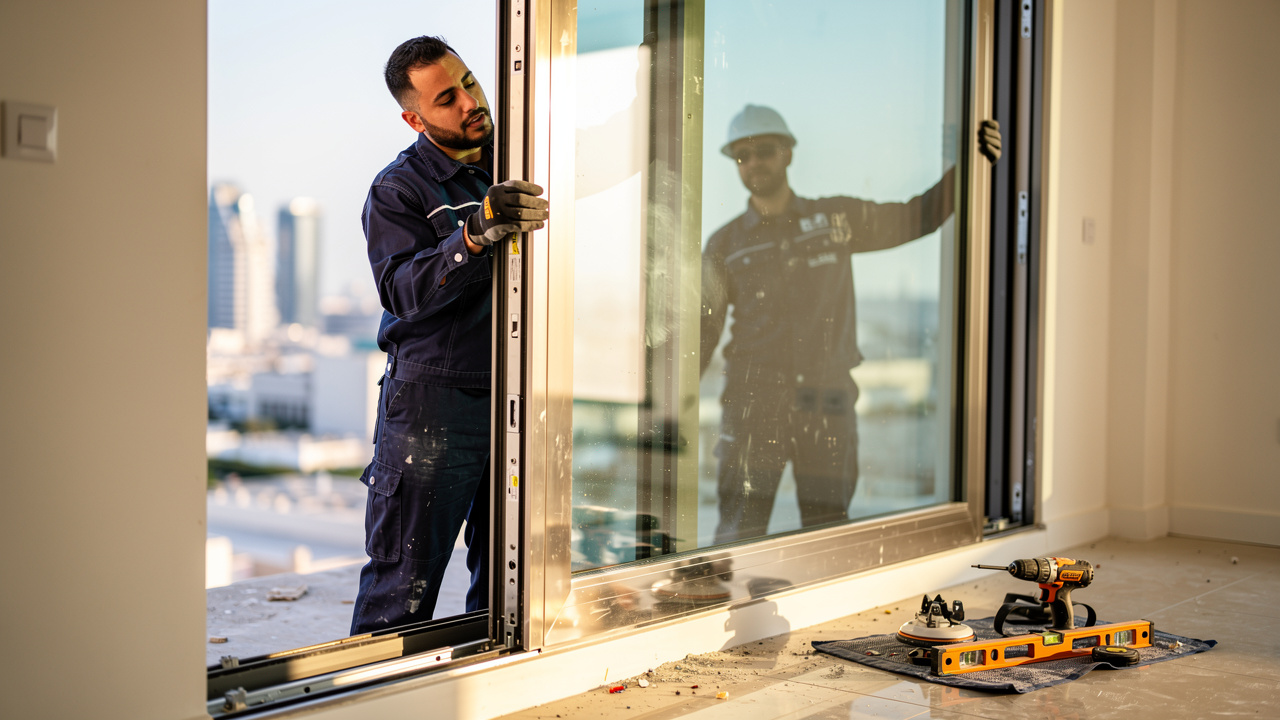 Professional technician installing acoustic glass window in UAE apartment