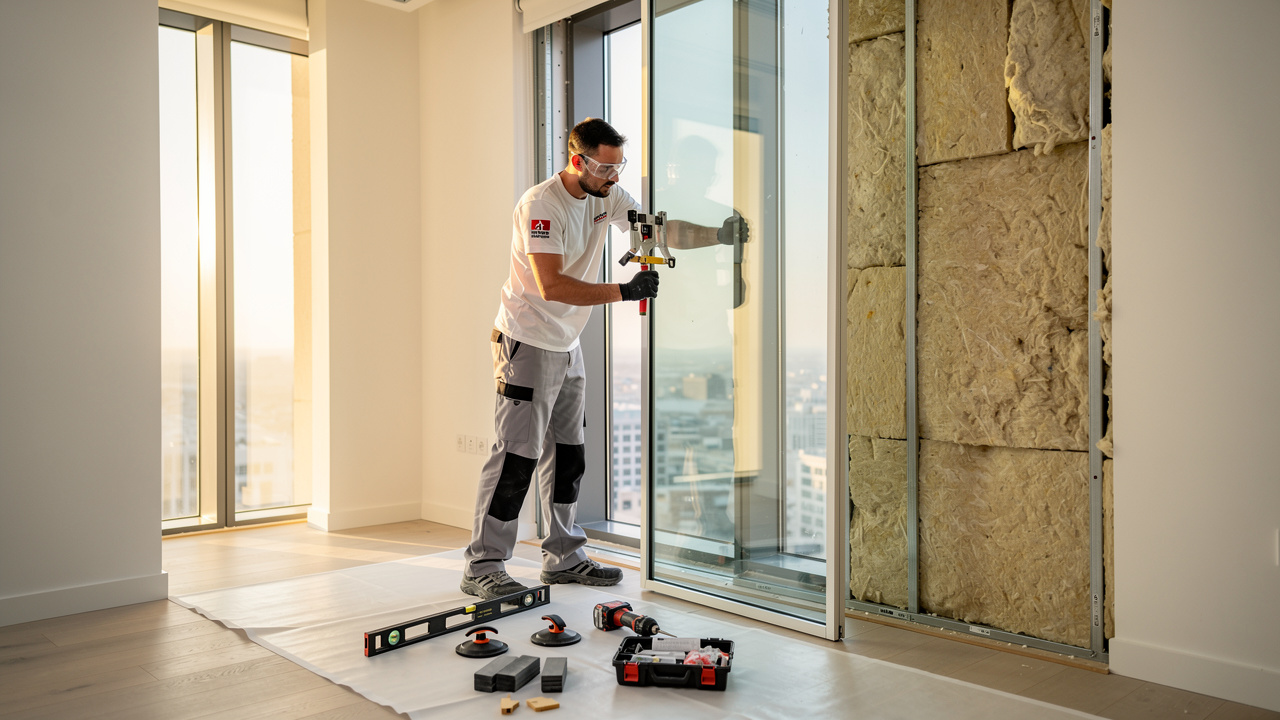 Technician installing acoustic glass window in UAE apartment