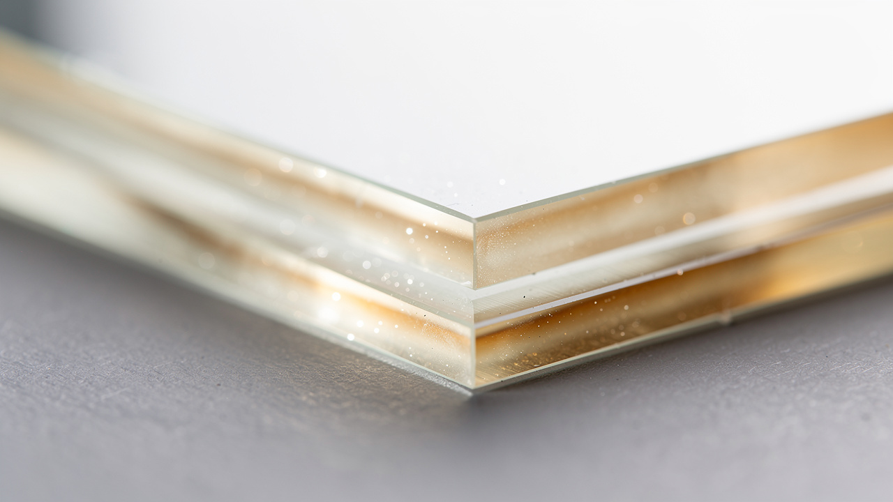 Close-up cross-section of acoustic laminated glass PVB interlayer
