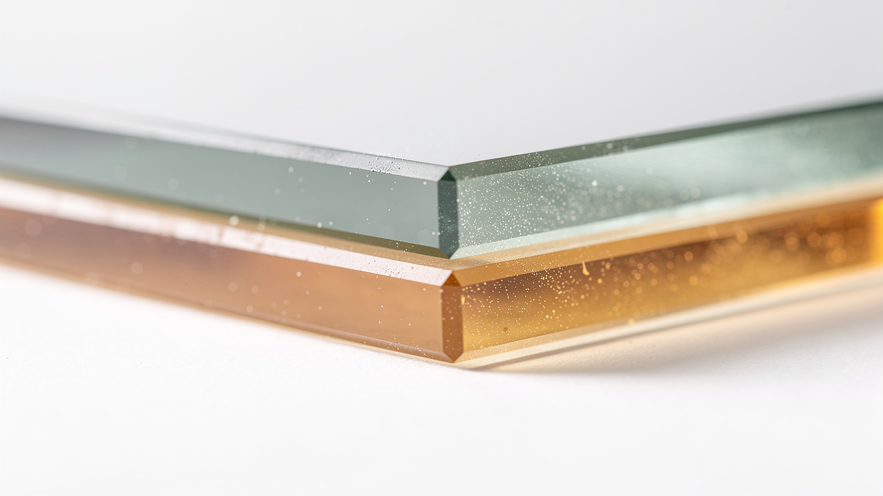 Cross-section detail of acoustic laminated glass PVB interlayer