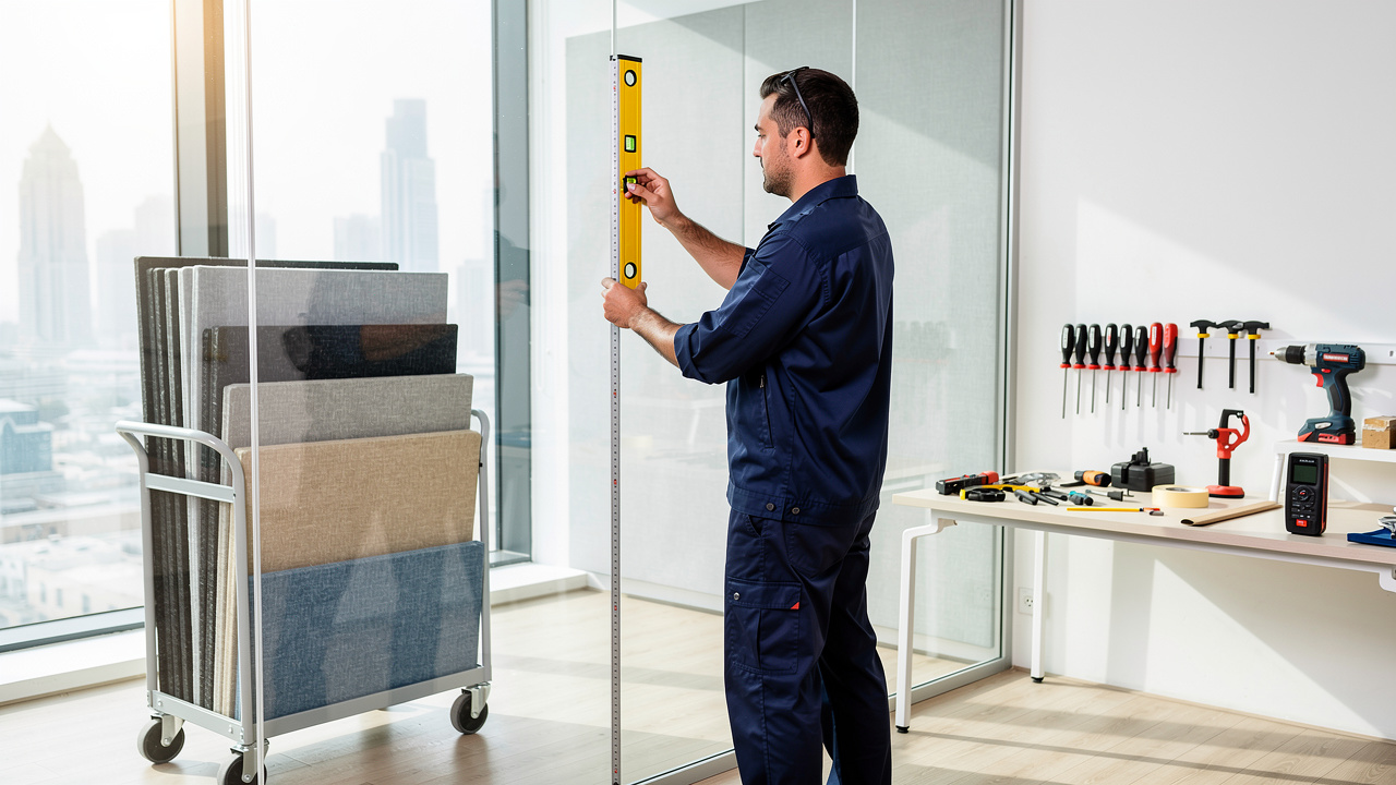 Acoustic specialist measuring glass wall for panel installation in Dubai
