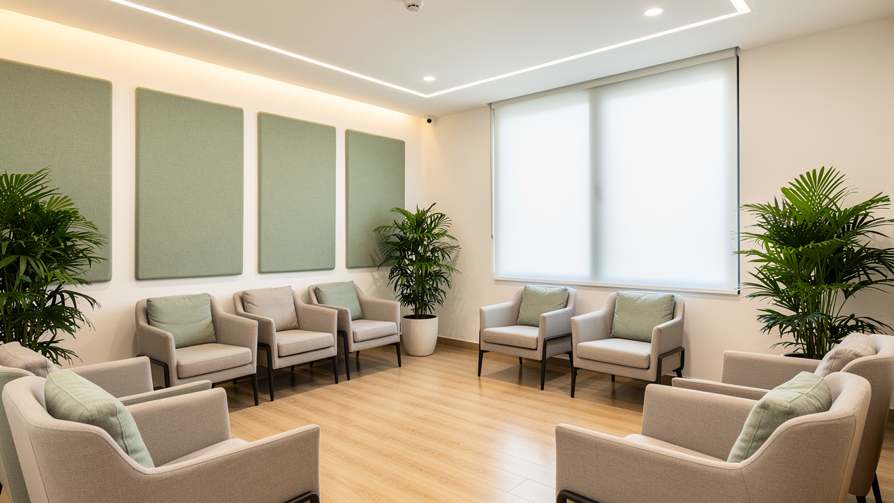 Calm Dubai clinic waiting room with fabric acoustic wall panels