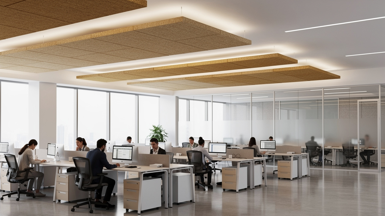 Floating acoustic wood wool ceiling rafts in open plan office