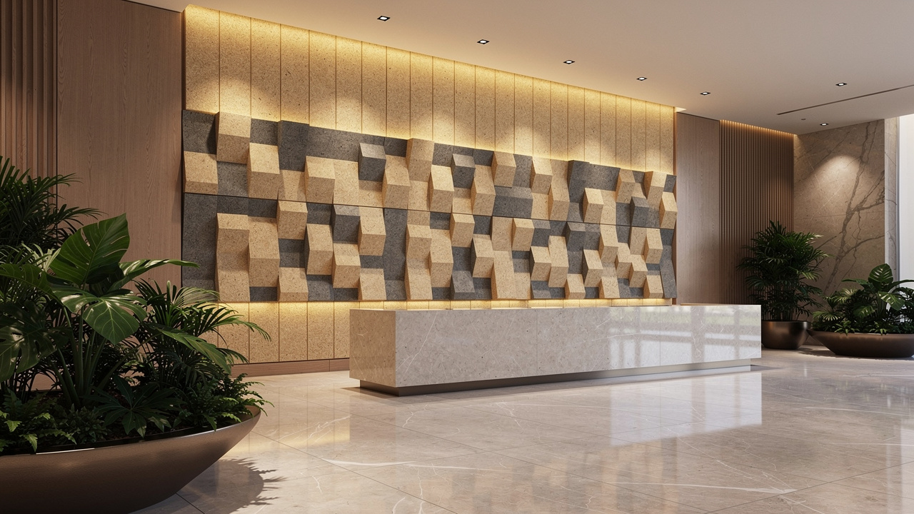 Acoustic wood wool feature wall in luxury UAE hotel lobby
