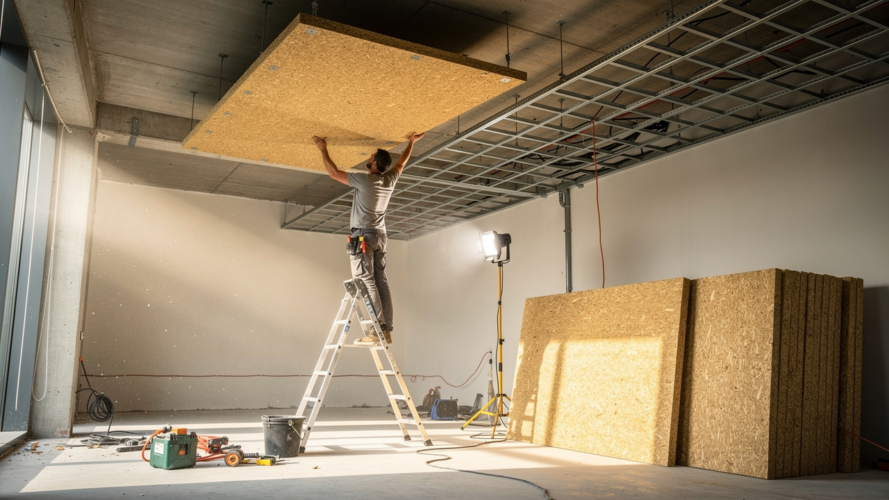 Professional installer mounting acoustic wood wool ceiling panels