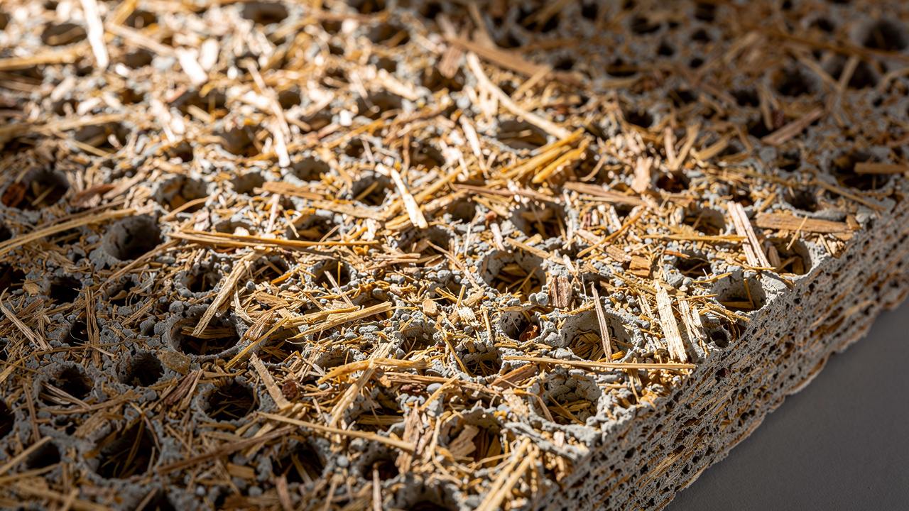 Close-up texture of acoustic wood wool panel surface fibers