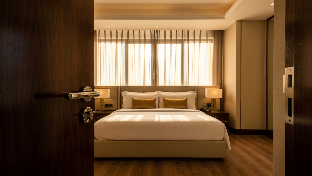 Acoustic wooden door inside luxury UAE hotel guest room