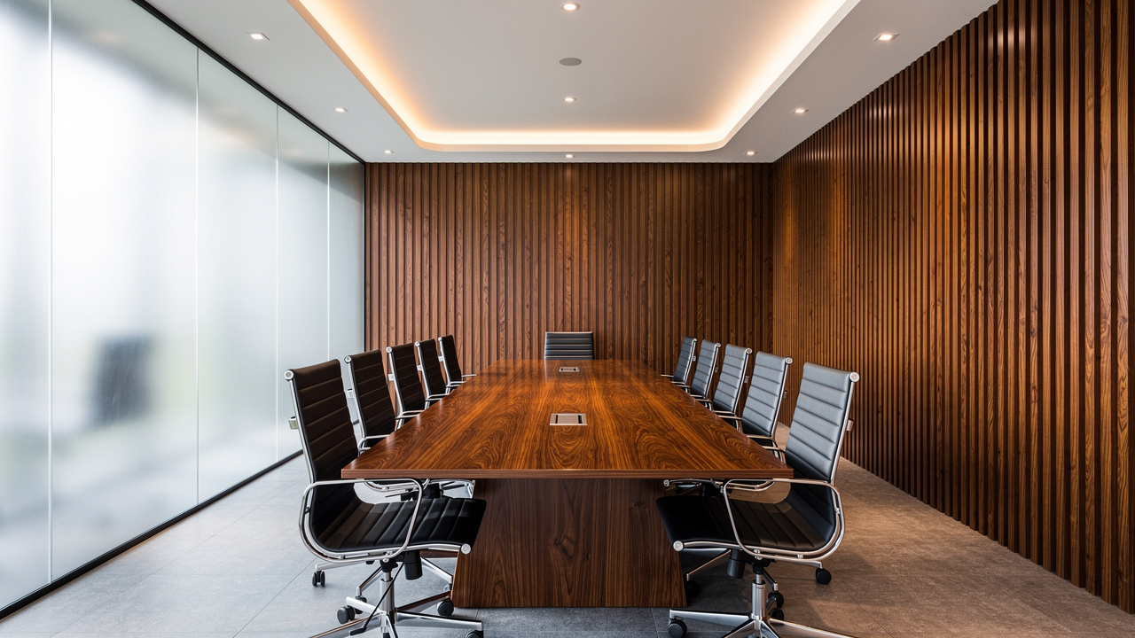 Modern Dubai boardroom with wooden acoustic slat wall panels