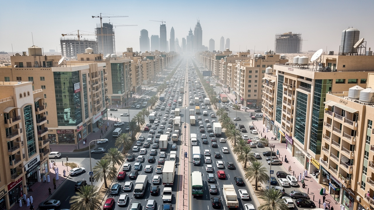 Busy UAE city street with heavy traffic and construction noise