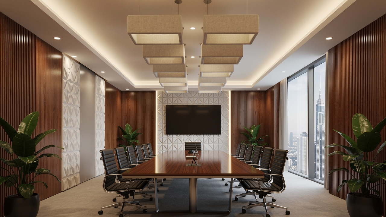 Dubai boardroom with multiple acoustic panel types installed