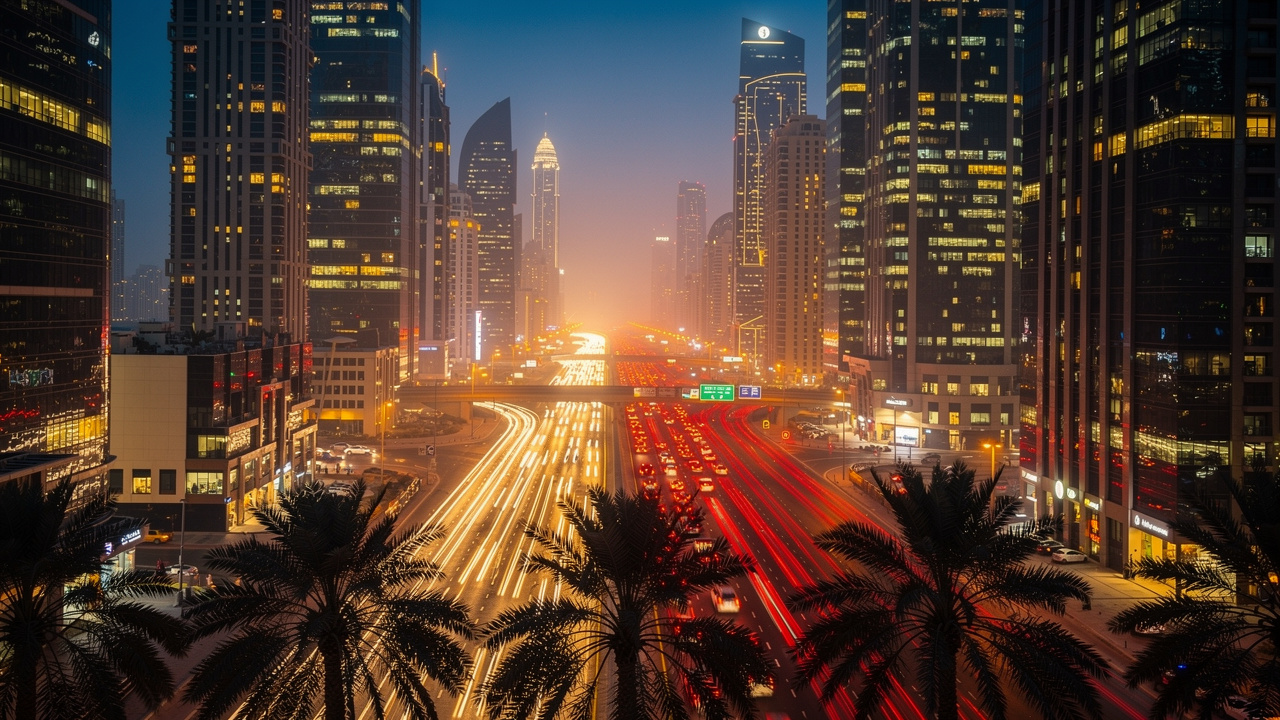 Busy Dubai highway traffic noise near residential towers at dusk
