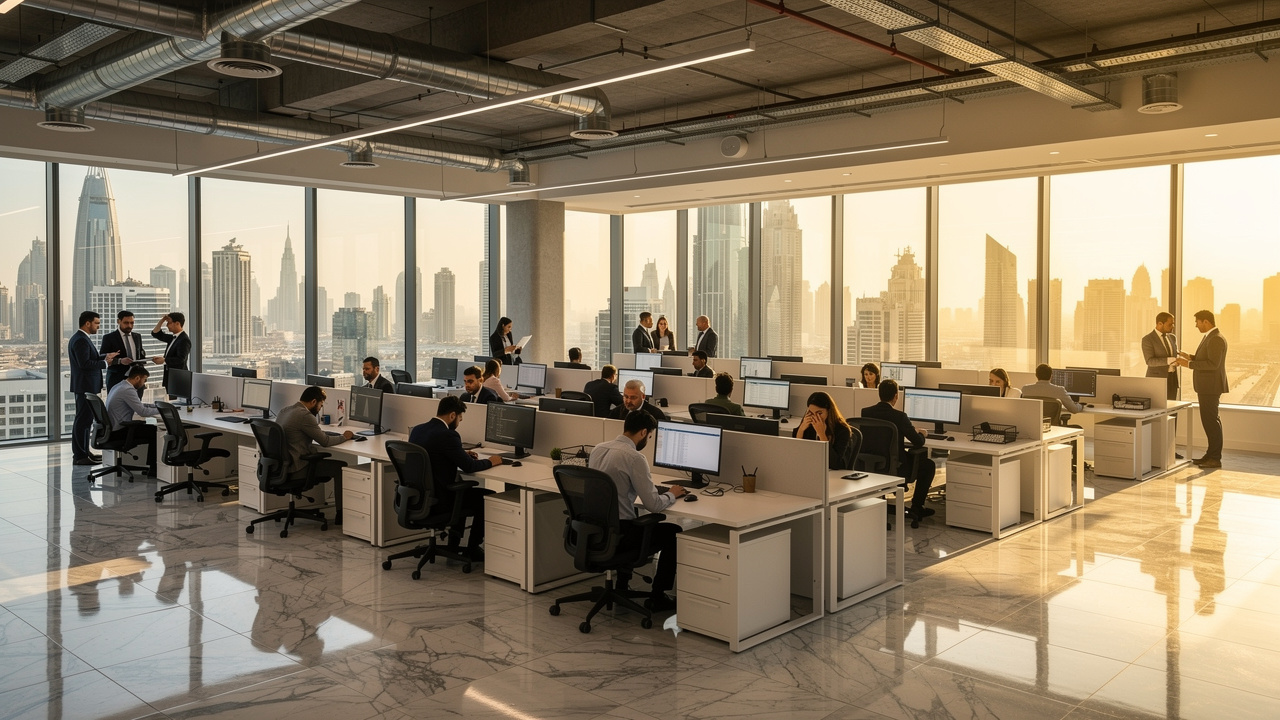 Busy Dubai open-plan office with glass walls and hard surfaces