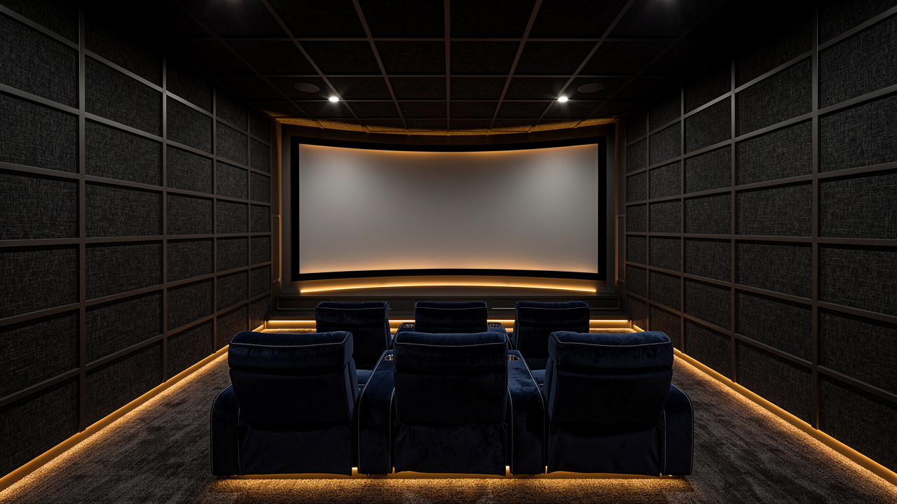 Luxury home theater with stretch fabric acoustic panels and PVC track edges
