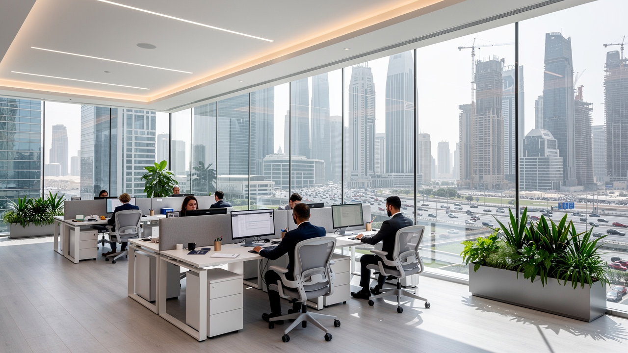 Modern UAE office with acoustic glass overlooking busy city street