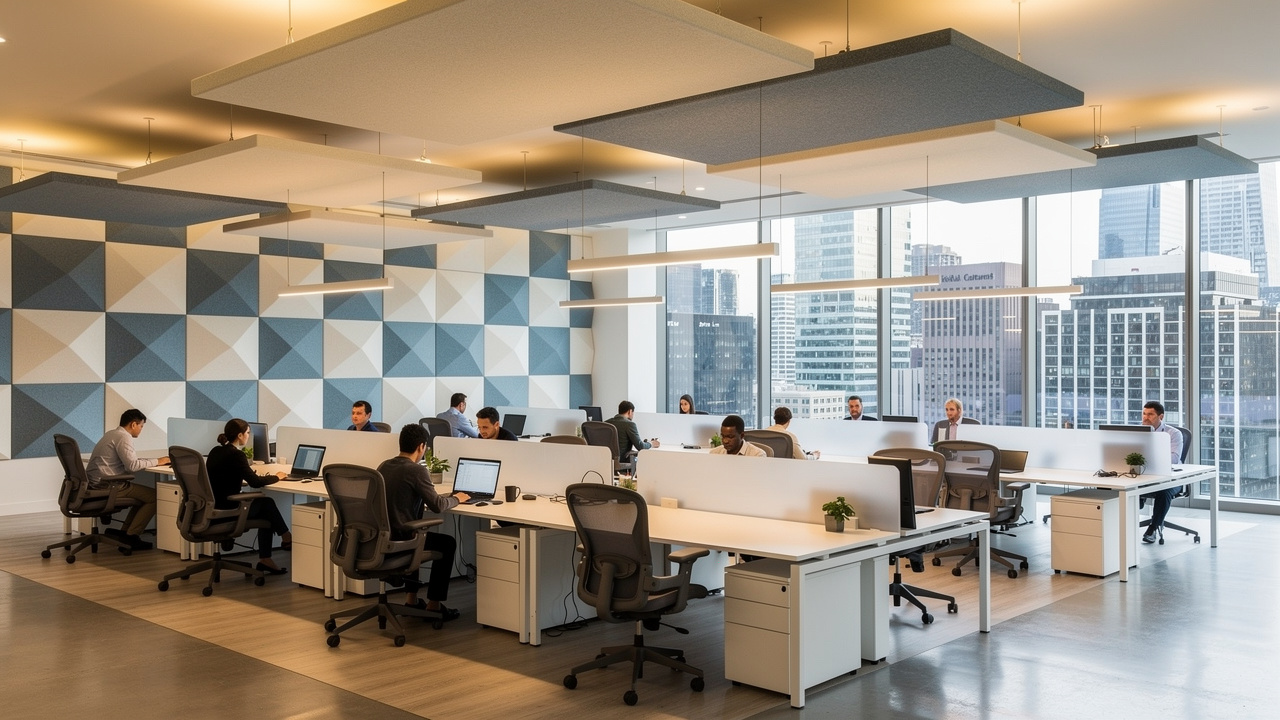 Open-plan UAE office with PET acoustic ceiling rafts