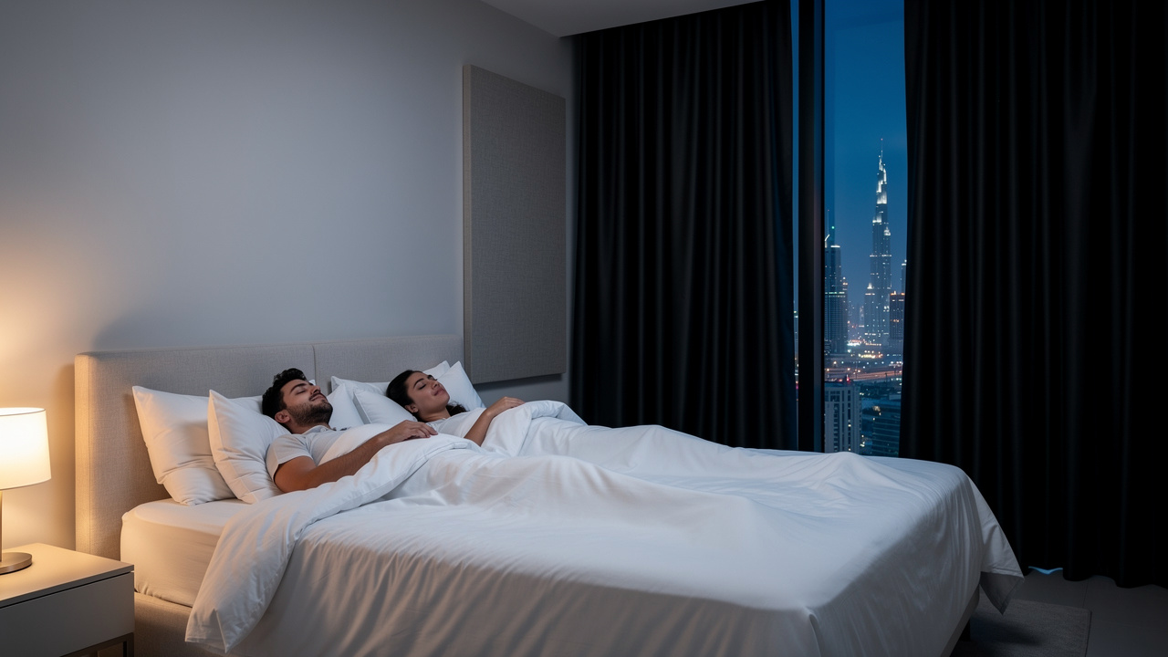 Couple sleeping peacefully in soundproofed Dubai bedroom at night