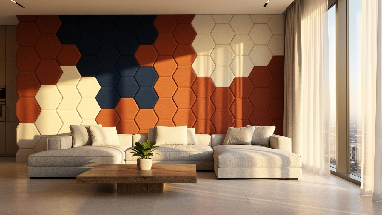 Geometric PET acoustic panel feature wall in luxury Dubai apartment