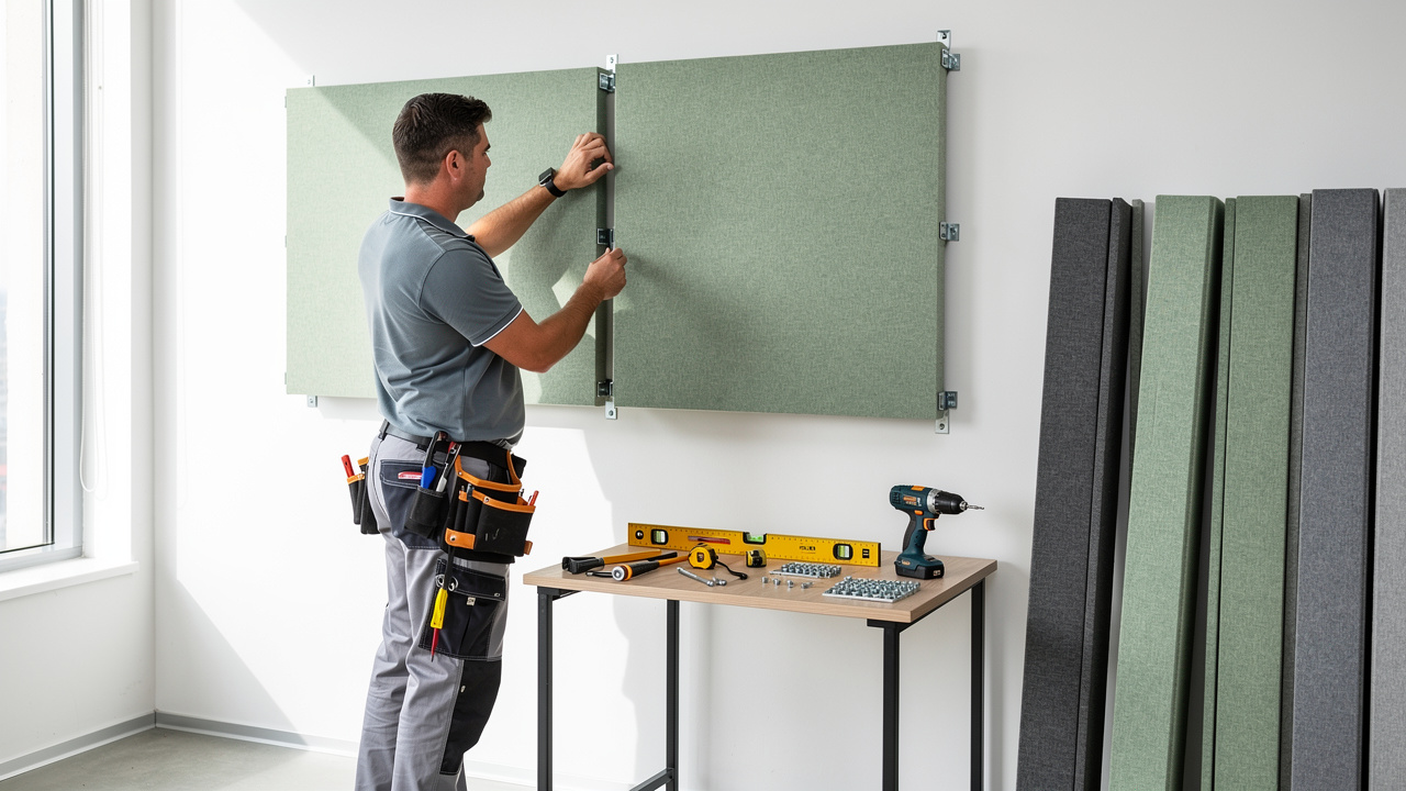 Technician installing PET acoustic panels on office wall