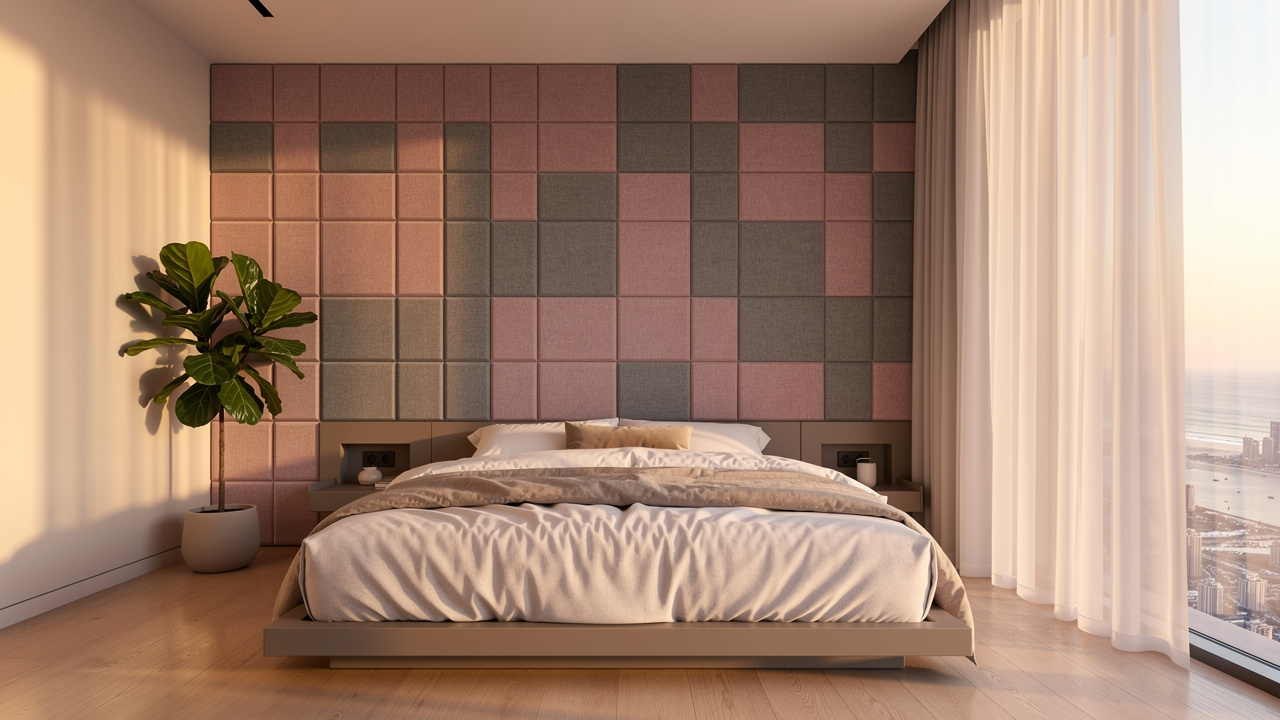 PET acoustic panel feature wall in a serene Dubai bedroom