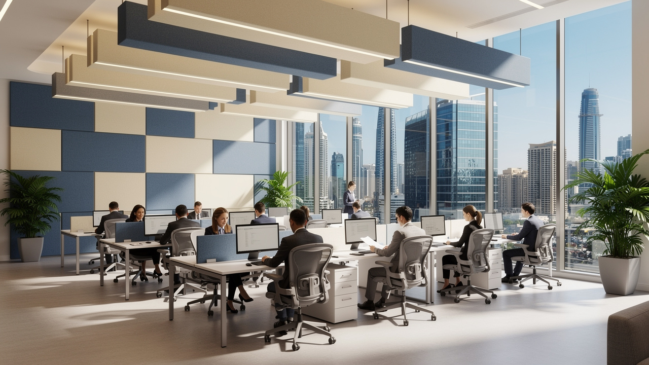 Acoustic panels installed in a bright open-plan Dubai office