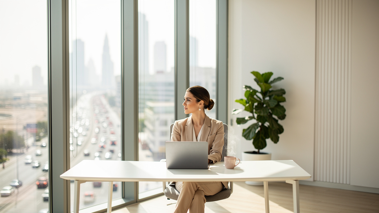 Quiet home office protected from Dubai street noise by acoustic glass