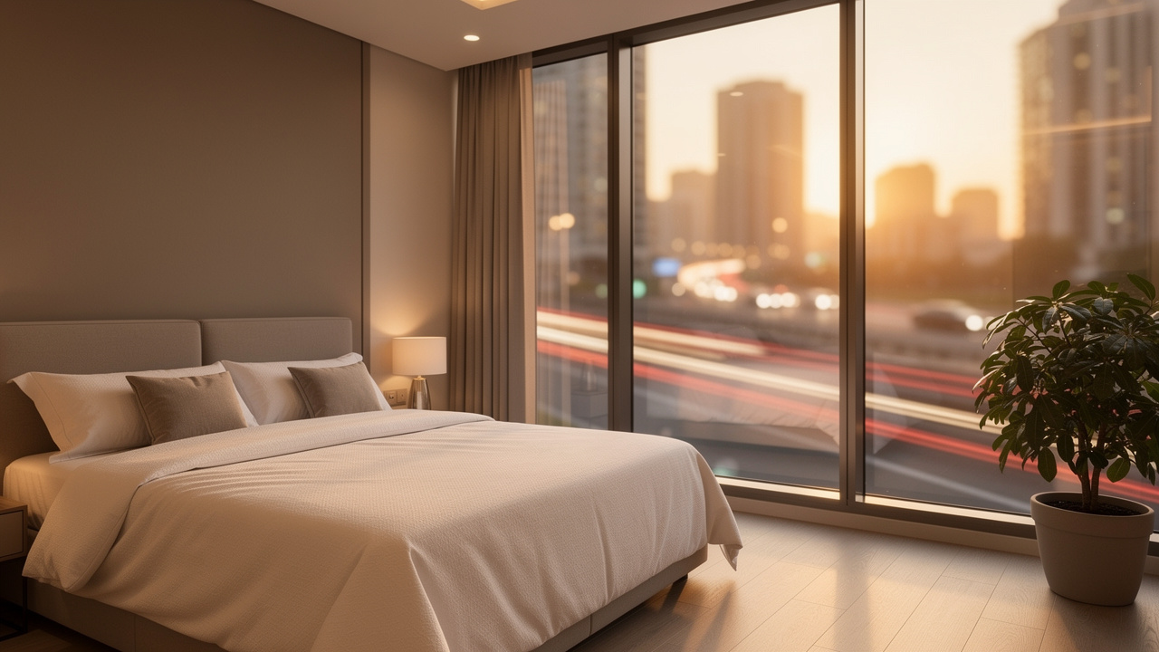 Peaceful bedroom with acoustic glass blocking UAE street noise