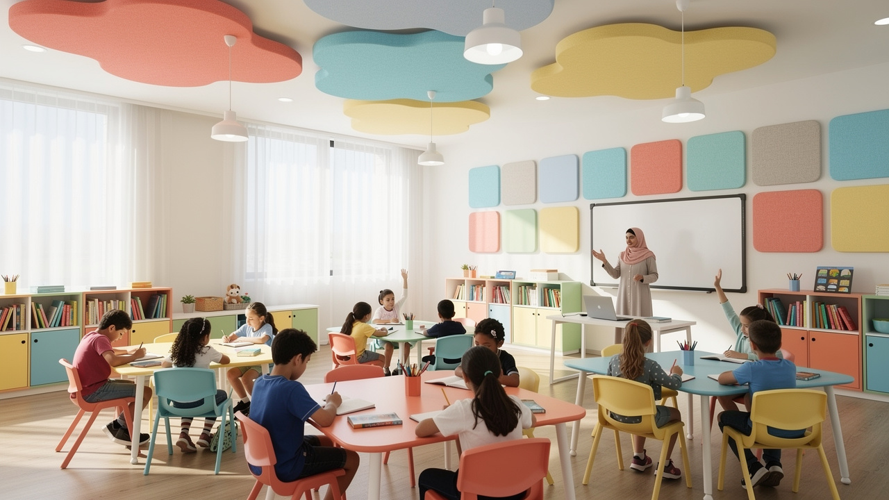 UAE school classroom with colorful PET acoustic ceiling panels