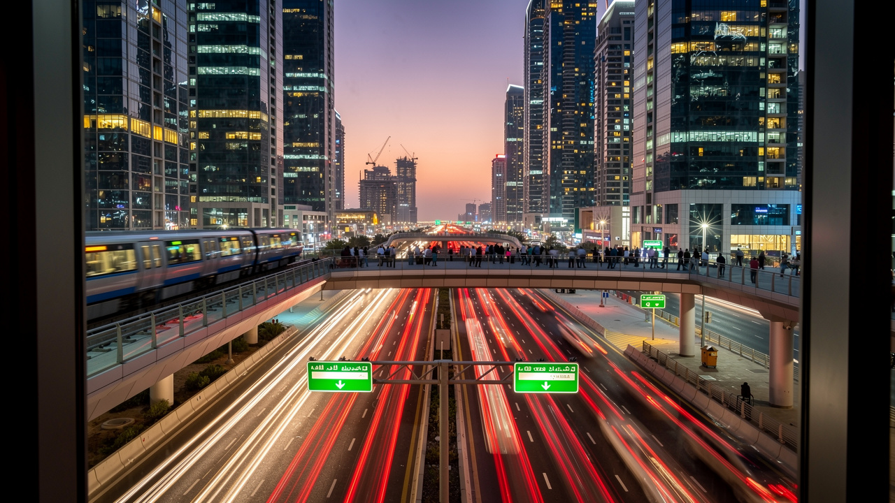 Busy Dubai highway traffic and metro lines at dusk