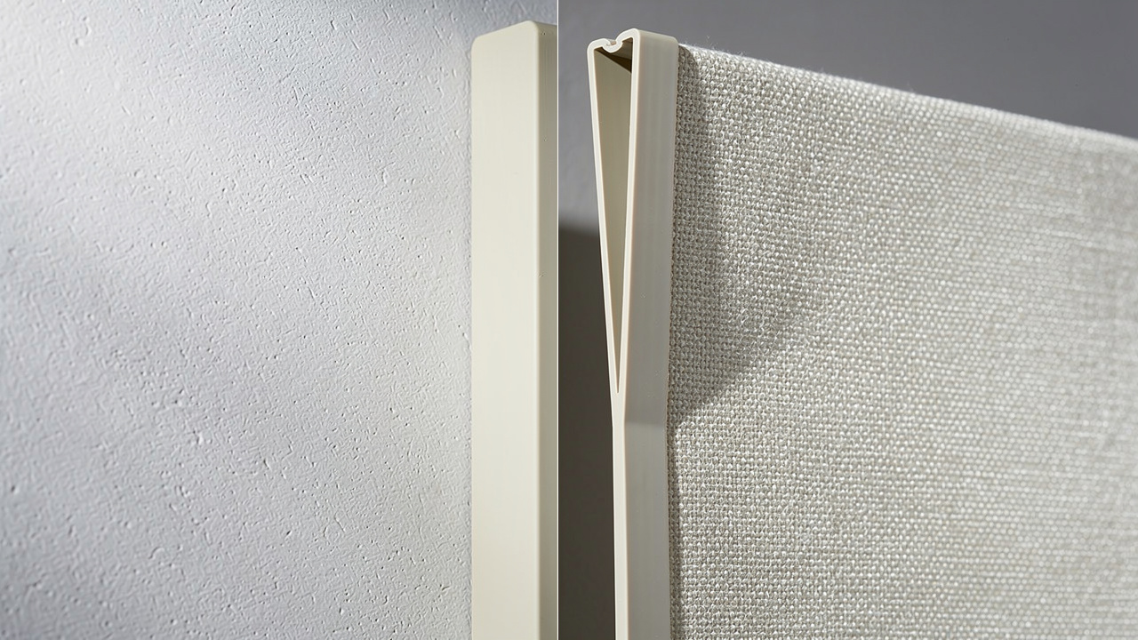 Straight edge versus V-grooved PVC profile track acoustic fabric finish detail