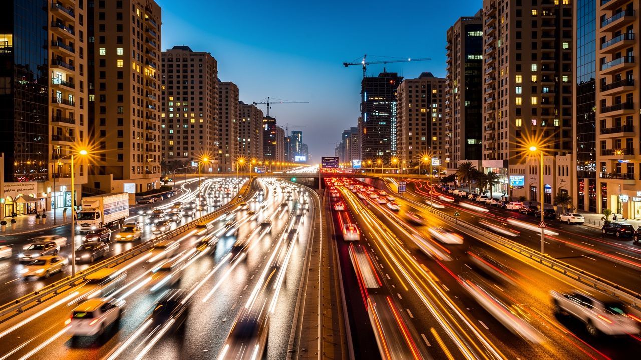 Busy UAE highway with noise affecting nearby residential towers