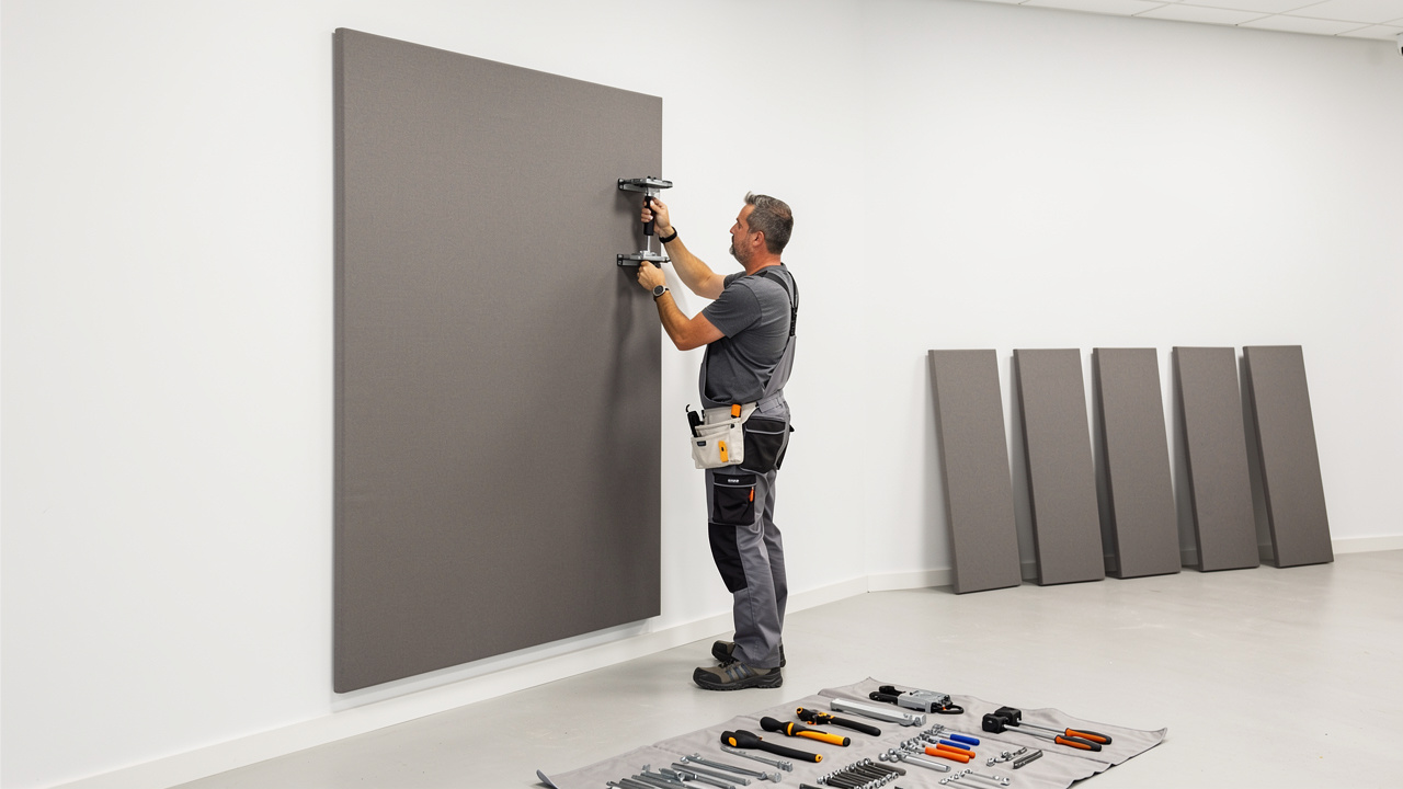 Professional technician installing PET acoustic panels in Dubai