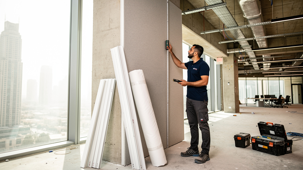 Acoustic specialist measuring office wall for PVC profile track installation