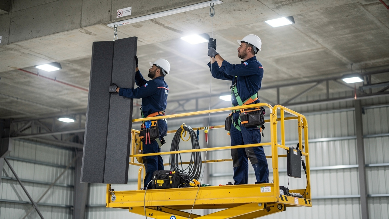 Technicians installing acoustic ceiling baffles in a warehouse