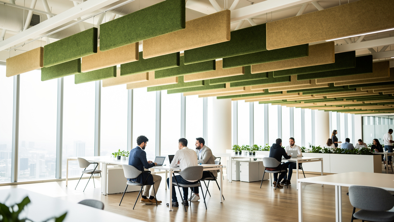 Green acoustic baffles installed in modern co-working space