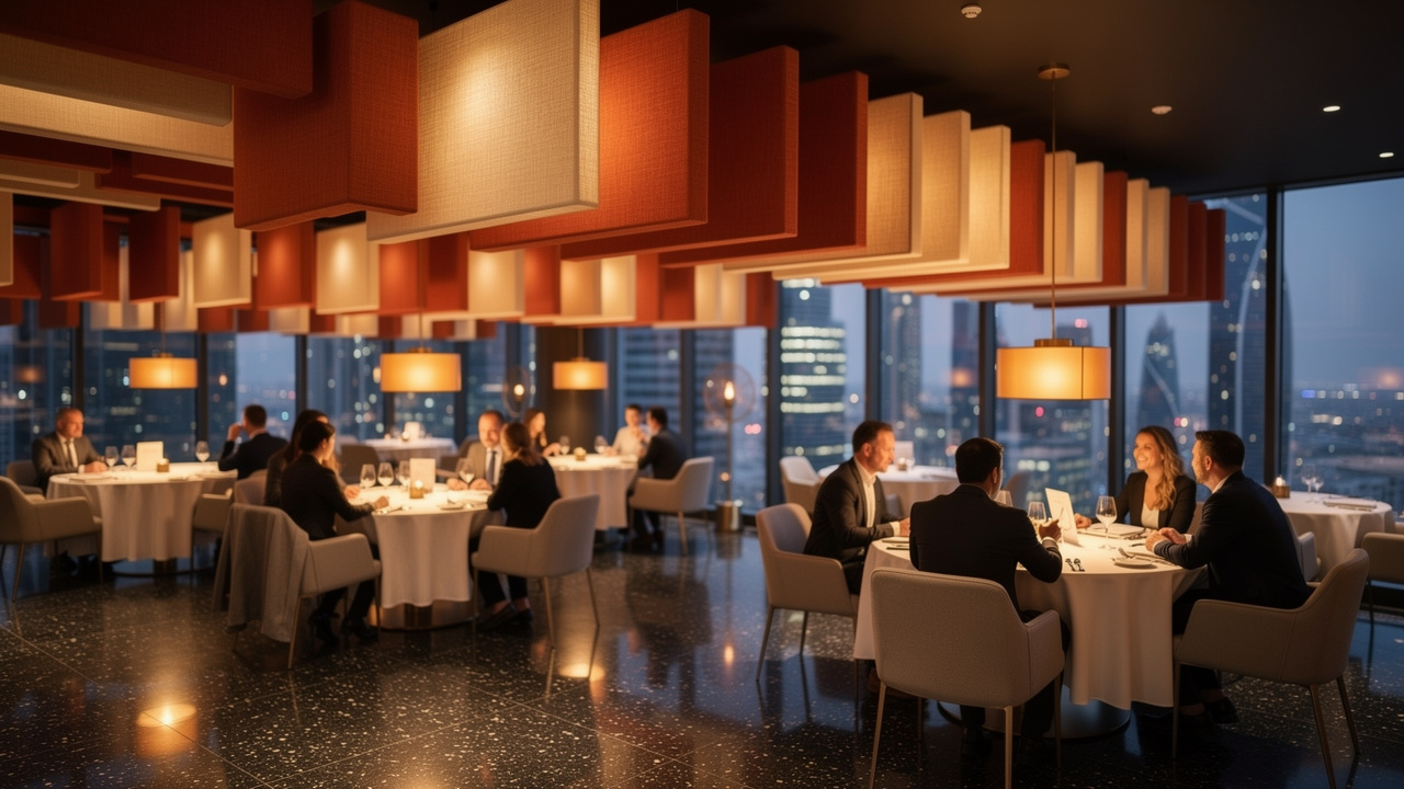 Elegant acoustic baffles in upscale Dubai restaurant dining room