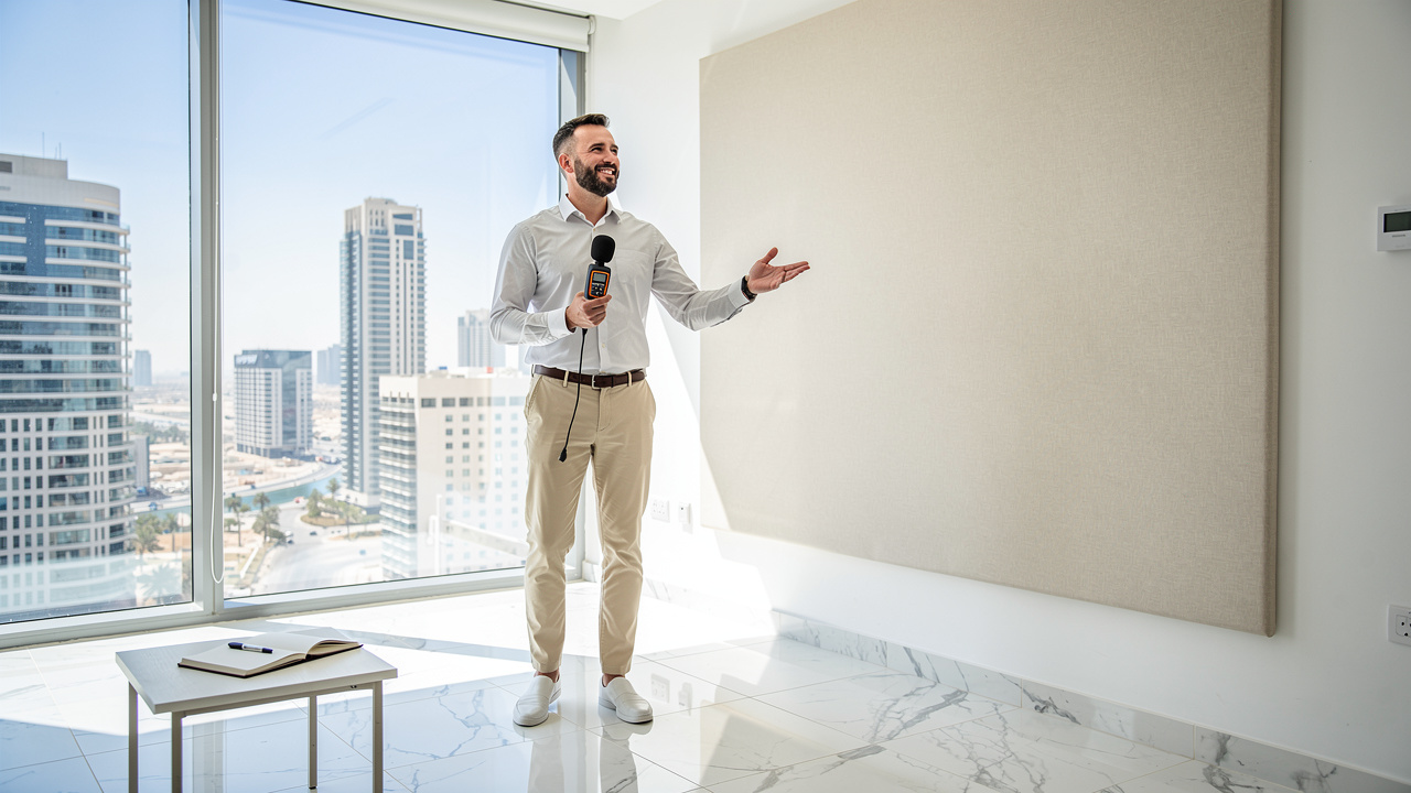 Acoustic consultant assessing sound quality in UAE apartment interior