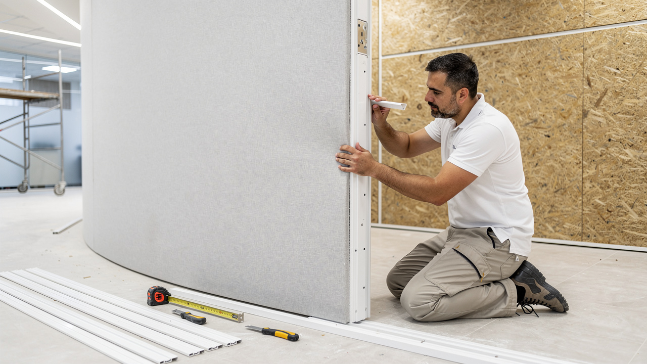 Installer fitting stretch acoustic fabric into PVC profile track