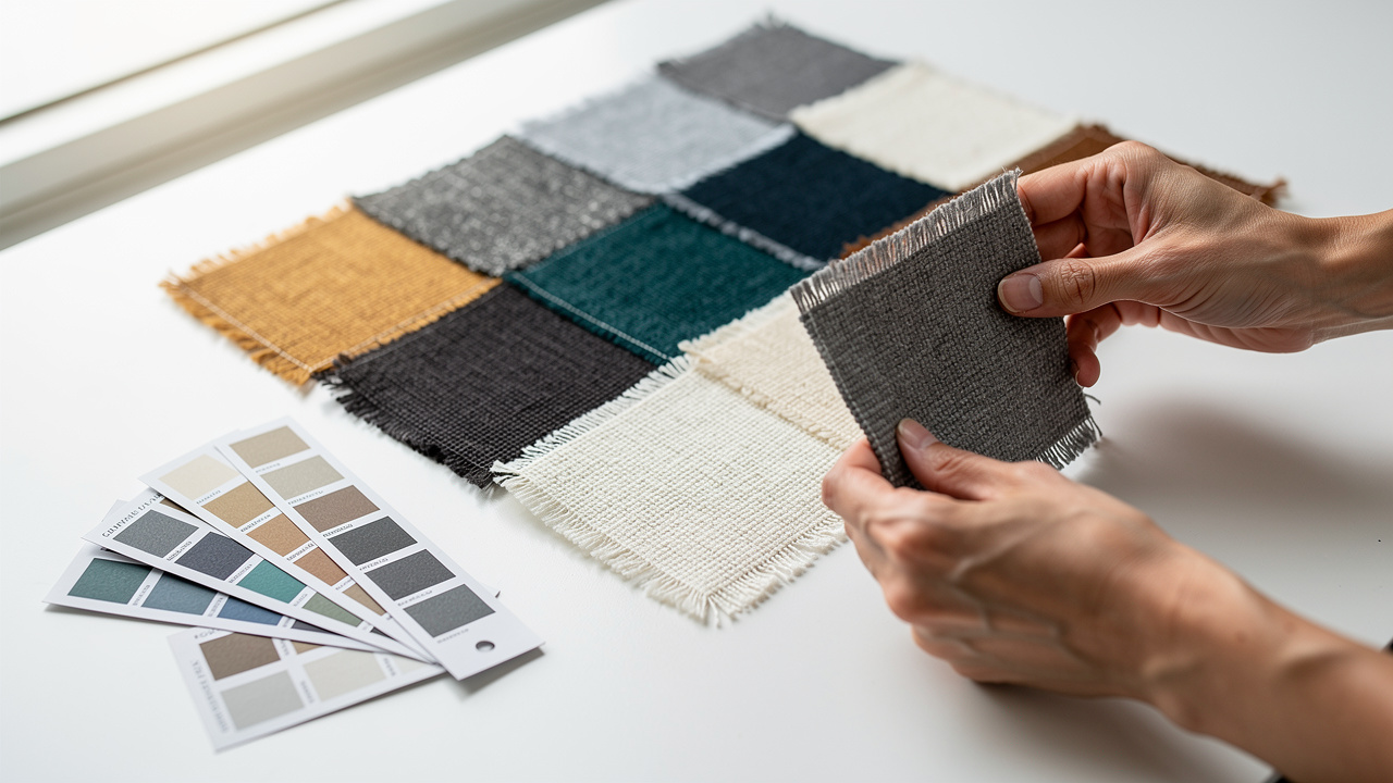 Acoustic fabric swatches in various colors for interior selection