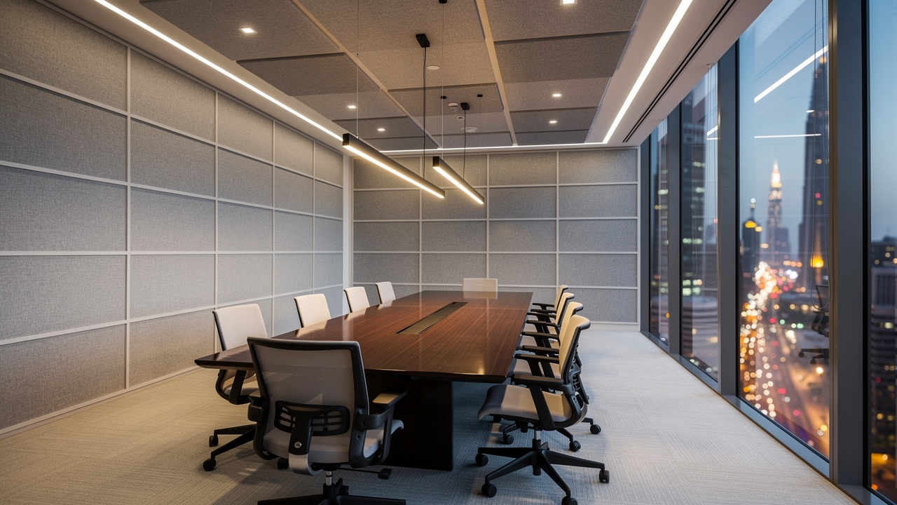 Modern Dubai conference room with acoustic fabric wall panels