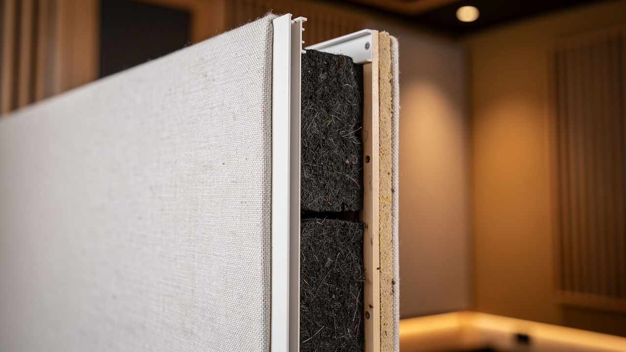 Fabric wall cross-section showing PVC track and acoustic insulation layers