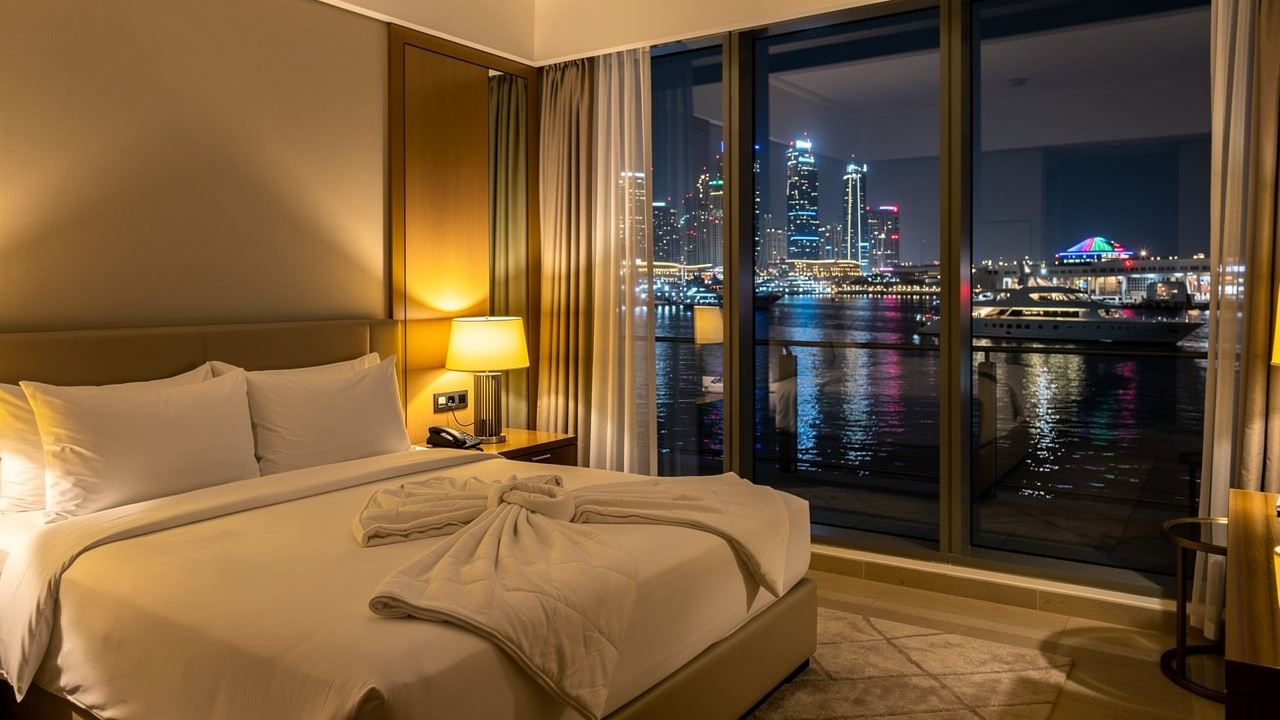 Peaceful hotel bedroom with acoustic glass windows overlooking Dubai Marina