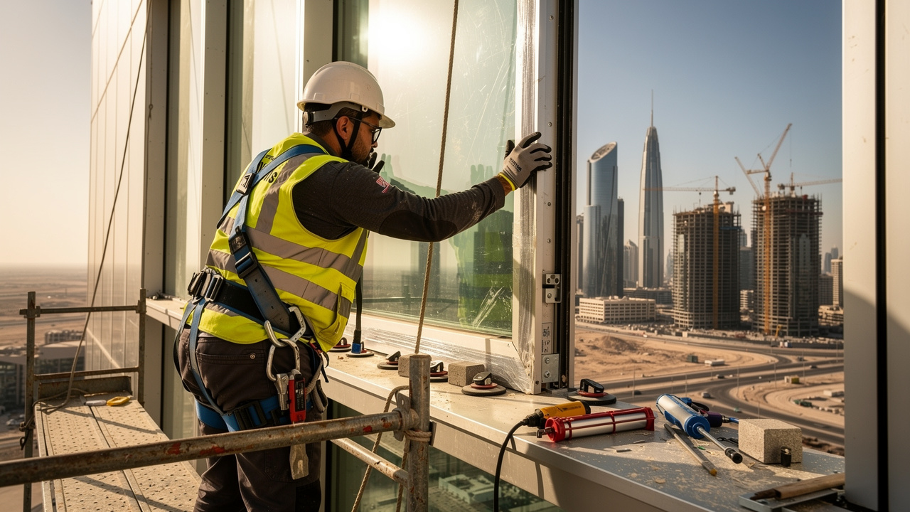 Professional technician installing acoustic glass window on Dubai high-rise