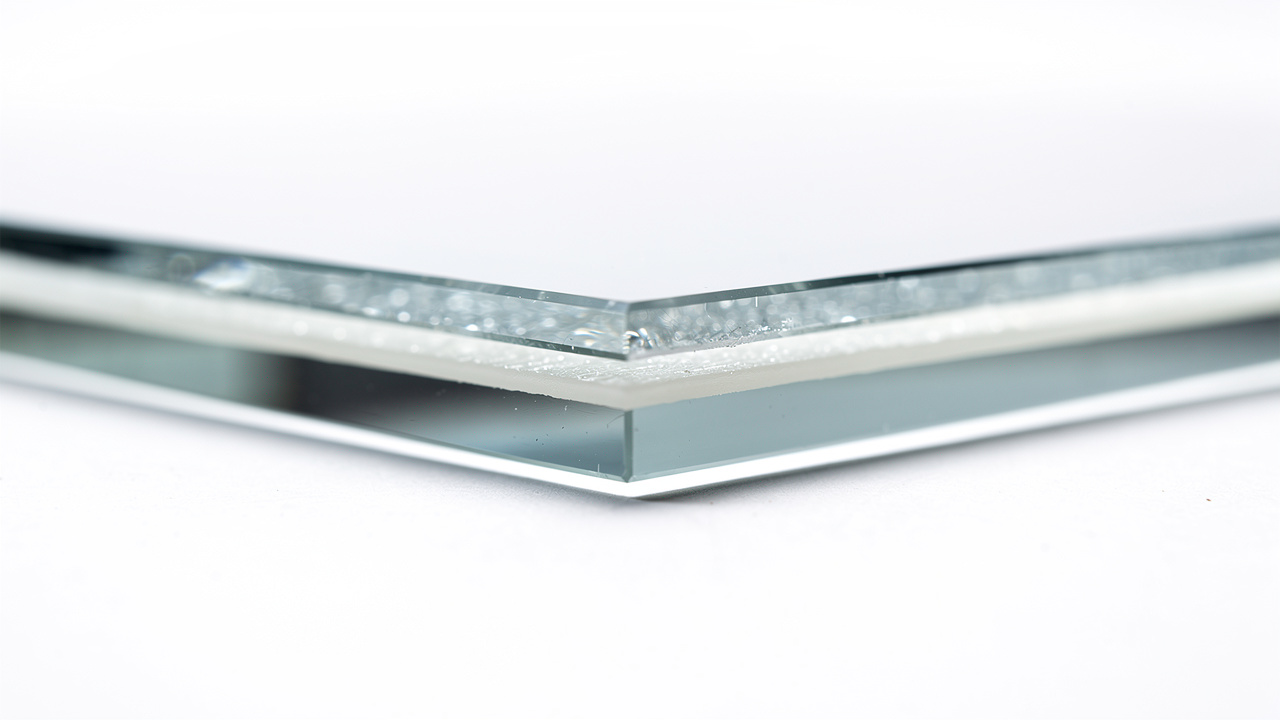 Close-up cross-section of acoustic glass PVB interlayer structure