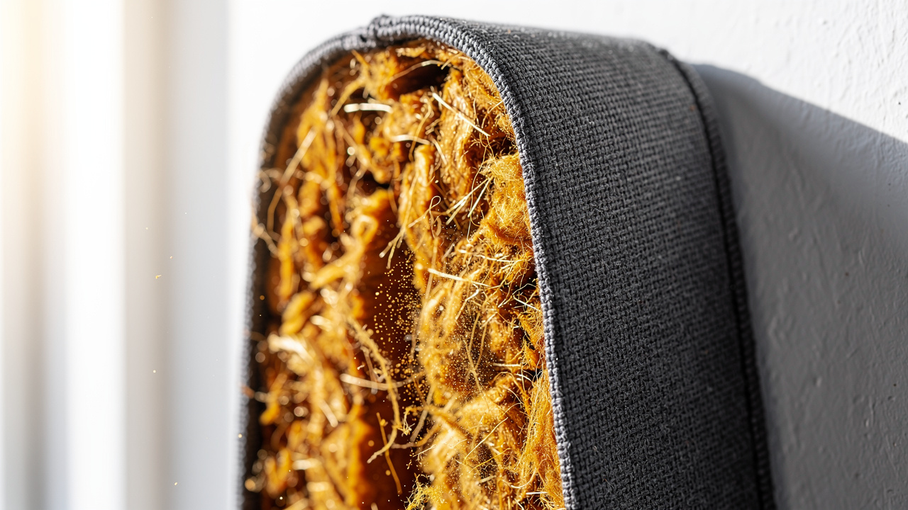 Cross-section of acoustic fabric panel showing dense fibrous core