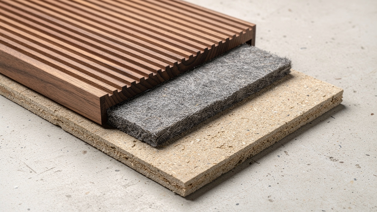 Cross-section of acoustic wood panel showing veneer, core, and backing layers