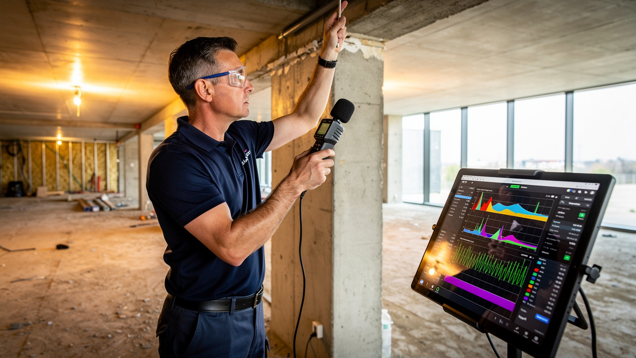 Acoustic specialist conducting a customized soundproofing assessment in a commercial facility